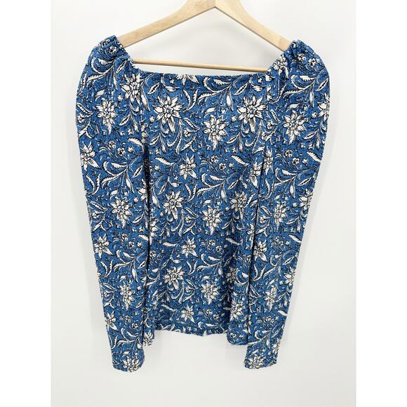 LOFT Womens Blue White Floral Print Smocked Square Neck Top Size S Peasant Boho - Picture 2 of 9